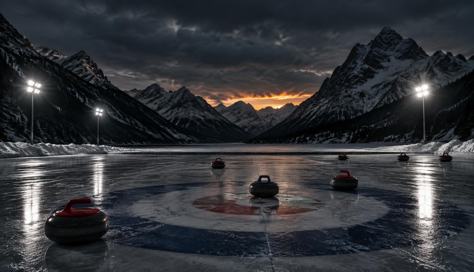 Odprta ledena ploskev za curling v gorski dolini ob mraku